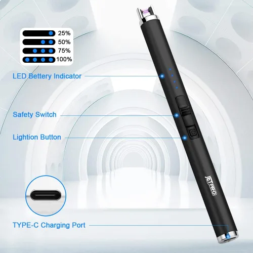 Vista 3 de Encendedor de velas recargable por USB, encendedor de arco electrónico, resistente al viento, sin llama, con botón de seguridad para camping, Negro