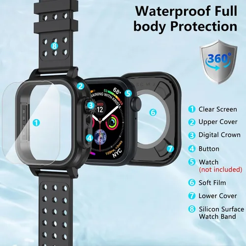 Vista 3 de Hensinple Funda impermeable IP68 y correa para Apple Watch Series 3 de 1.654 pulgadas con protector de pantalla, resistente a los golpes, duradera