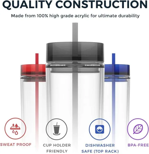 Vista 5 de Maars - Vaso térmico de acrílico delgado transparente con tapa y pajilla 16 onzas de plástico acrílico premium, de doble pared, aislante
