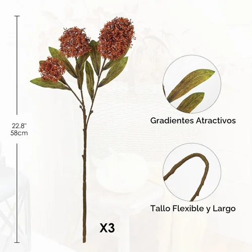 Vista 2 de Briful 3 piezas de flores artificiales de otoño de 22.8 pulgadas, color naranja quemado, ramas de flores artificiales, tallos de Skimmia de otoño