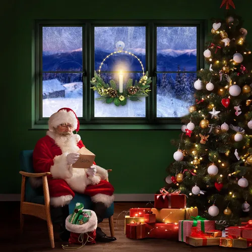 Vista 7 de Paquete de 2 coronas de Navidad para puerta delantera con luces y velas LED parpadeantes y control remoto, coronas de ventanas de 16 pulgadas