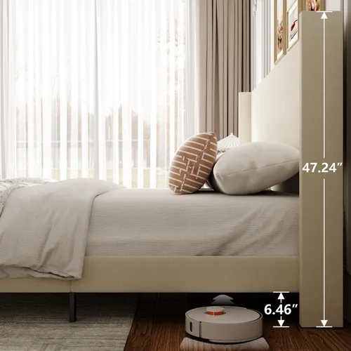 Vista 7 de Sismplly Base de cama matrimonial con cabecera con respaldo de ala, cama de plataforma tapizada de terciopelo, listones de madera fuertes, Beige