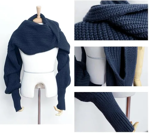 Vista 3 de Bufanda de otoño e invierno para mujer, con manga, de color sólido, de punto, con manga
