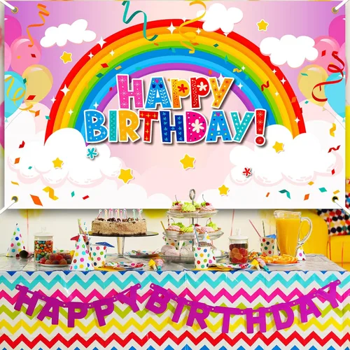 Vista 6 de Remerry Telón de fondo de cumpleaños arcoíris para niñas, colorido decoración de fiesta de feliz cumpleaños, pancarta para niñas, niños y adultos