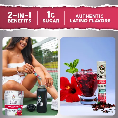 Vista 5 de Salud - Paquete de 2 Hidratación 2 en 1 + inmunidad (horchata) y energía + enfoque (hibisco) – 15 porciones cada una, mezcla de bebida Agua