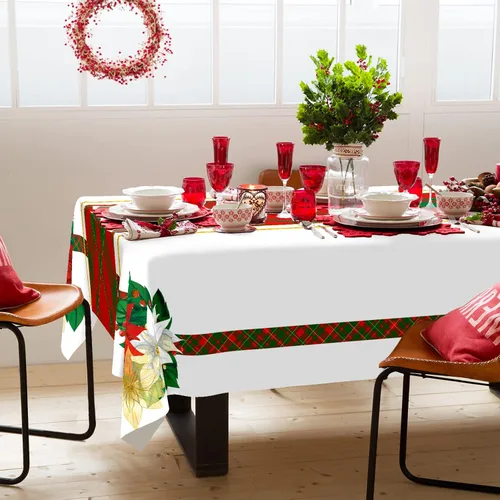Vista 2 de PROCIDA Mantel rectangular de Navidad con diseño de flor de pascua roja, para invierno, Año Nuevo, impermeable, lavable, para fiestas, cocina