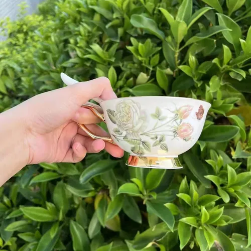 Vista 6 de Honorable Taza de café, capuchino, taza de té, con platillo para leche, porcelana de hueso fino, esmalte reactivo, 6.8 onzas-1 unidad