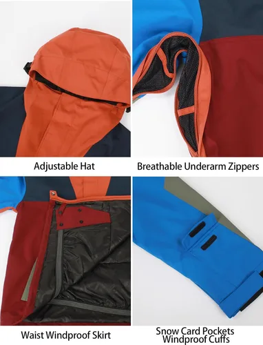 Vista 28 de GSOU SNOW Chaqueta de esquí para hombre, abrigo de nieve para snowboard, cálido, invierno, impermeable, con capucha