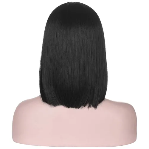 Vista 4 de Peluca corta y recta negra con flequillo para mujer Pelucas de cabello sintético resistente al calor natural