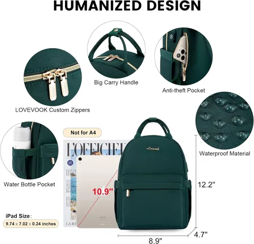 Vista 4 de LOVEVOOK Mini mochila para mujer, mochila pequeña, bonita mochila a la moda, Verde, Mochilas Daypack