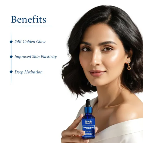 Vista 5 de Blue Nectar Suero de oro de 24 quilates con aceite puro de Kumkumadi para la cara, suero facial de colágeno ayurvédico para tensar la piel