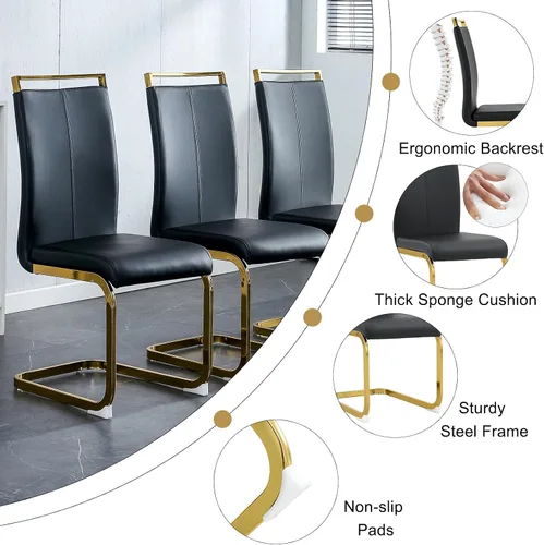 Vista 5 de Conjunto de mesa de comedor blanco Ebullient para 4, mesa rectangular de MDF y sillas de comedor de cuero sintético negro, juego de mesa de comedor