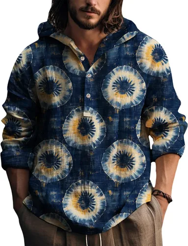Vista 8 de Sudaderas con capucha para hombre, con estampado de teñido anudado, cuello en V, manga larga, con botones, de gran