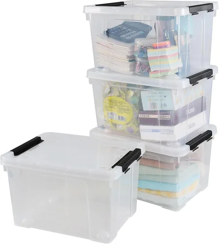 Vista 7 de Paquete de 4 contenedores de plástico transparente de 23 L con ruedas y pestillos Contenedores de almacenamiento transparentes con tapa, diseño