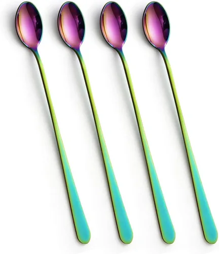 Vista 8 de IQCWOOD Cucharas de té helado de mango largo, cucharas de café de acero inoxidable para mezclar cócteles, juego de 4