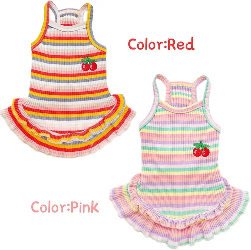 Vista 7 de Lindo vestido de perro para perros pequeños y niña, ropa de cumpleaños, ropa de primavera y verano, trajes de perro, arco iris, colorido, a rayas