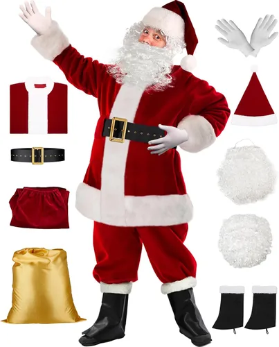 Vista 2 de Disfraz de Papá Noel para hombre Disfraz de Santa Claus de lujo para hombres Traje de Santa Claus para adultos hombres -9 piezas Traje clásico