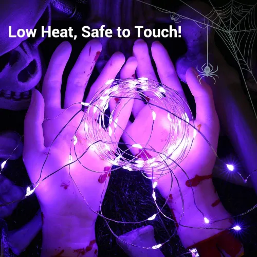 Vista 4 de BrizLabs Luces moradas de Halloween, 19.47 pies, 60 luces LED de Halloween, 8 modos de luz morada con control remoto, luz parpadeante impermeable al