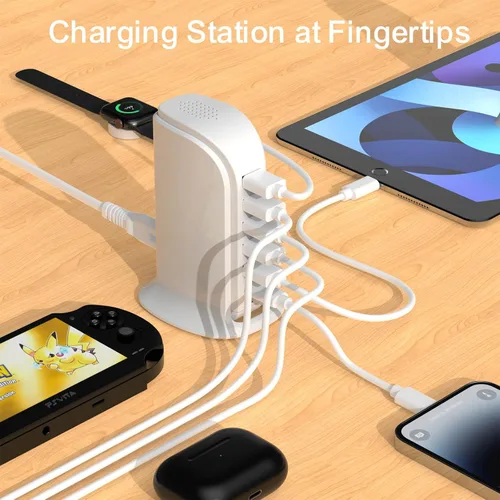 Vista 4 de Estación de carga para múltiples dispositivos Upoy, torre de hub USB multi con 5 USB+1 puertos tipo C, bloque de cargador USB C de carga rápida
