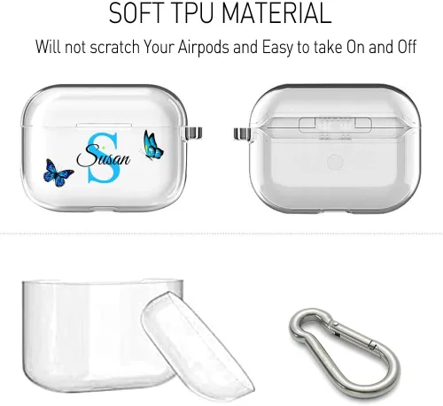 Vista 3 de Funda transparente personalizada con nombre e inicial de cristal para AirPods 4ª generación Pro/Pro 2 y 3ª generación, funda protectora transparente