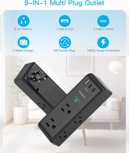 Vista 3 de Extensor de salida con protector de sobretensiones con enchufe giratorio, 6 tomas de corriente alterna con 3 puertos USB (2 USB C), cargador