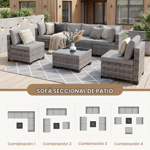 Vista 7 de FHFO 7 Piece Patio Furniture Set, Outdoor Wicker Sectional Sofa Set 1/ Gris Gris Claro