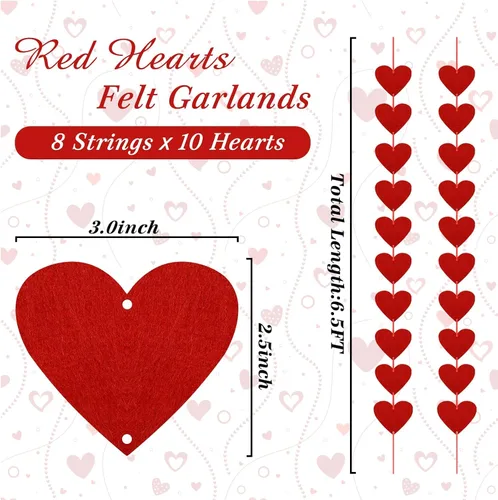 Vista 2 de Childom 80 guirnaldas de corazón de fieltro rojo, decoraciones de San Valentín, decoraciones de fiesta de San Valentín, decoración de corazones