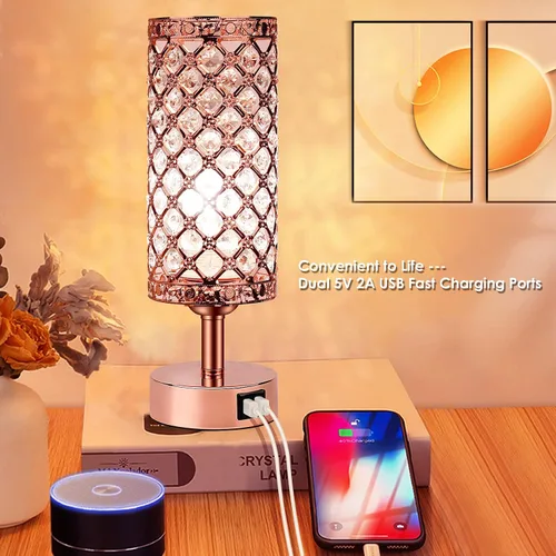 Vista 7 de Lámpara de mesa de cristal con control táctil, regulable de 3 vías, lámpara decorativa para mesita de noche con 2 puertos de carga USB, pequeña luz
