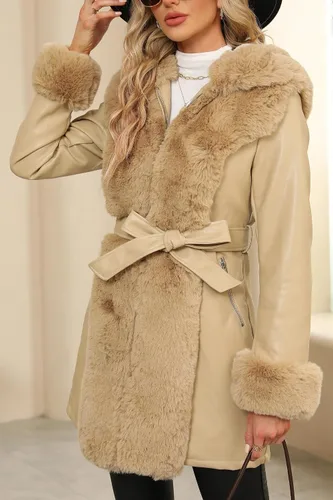 Vista 2 de Bellivera Abrigo de piel sintética con forro polar para mujer, parka con cremallera y cinturón