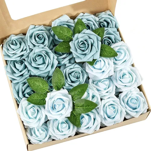 Vista 16 de Flores artificiales, 25 piezas, rosa artificial azul bebé para ramos de boda, centros de mesa, arreglos, flor falsa con tallos para decoración