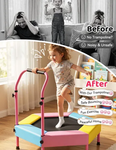 Vista 8 de Twinkoo Trampolín para niños con mango de espuma, marco antiinclinación y cubierta de resorte acolchada gruesa, mini trampolín para interiores