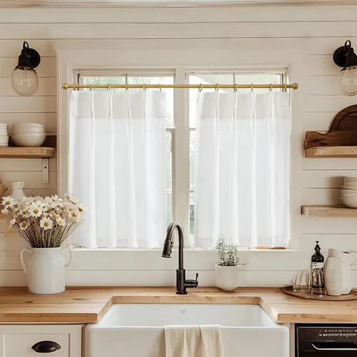 Vista 57 de Jinchan - Cortinas de cocina de lino rústico beige con bolsillo para barra, 26 x 36 pulgadas, 2 paneles