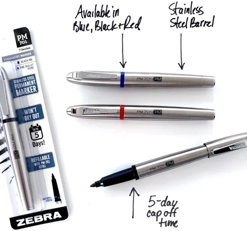 Vista 5 de Zebra Pen PM-701 - Marcador permanente, barril de acero inoxidable, punta fina, tinta negra, recargable, paquete de 1 unidad