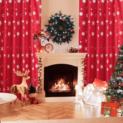 Vista 4 de Cortinas navideñas para sala de estar, cortinas de lujo con estampado de copos de nieve, cortinas de ventana con bolsillo para barra, cortinas