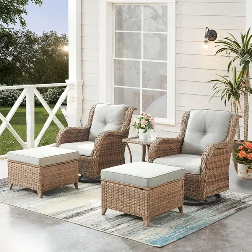 Vista 111 de HUMMUH Juego de 2 Sillas Giratorias Mecedoras de Mimbre para Patio Exterior, Juego de Muebles de Sillas Mecedoras de Ratán (Marrón, Azul) 50,000