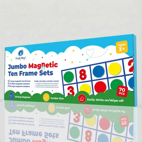 Vista 9 de 70 marcos magnéticos de diez marcos – Manipulativos matemáticos para aula primaria y jardín de infantes – 4 diez marcos y 44 contadores matemáticos