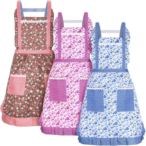 Vista 8 de Zhanmai 3 Pcs Women Floral Aprons with Pocket Soft Kitchen Chef Aprons for Women Cooking Gardening