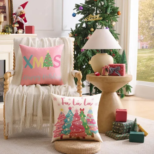 Vista 6 de Fundas de almohada de Navidad rosas 18x18 Juego de 4 fundas de almohada de Navidad, fundas de almohada de Navidad para sofá, sofá cama, silla
