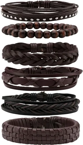 Vista 8 de MILAKOO Pulsera de cuero trenzado para hombres y mujeres, ajustable, color negro y marrón