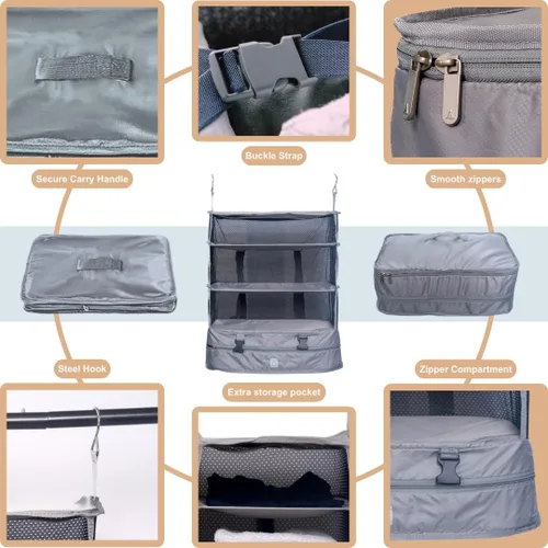 Vista 5 de Organizadores de equipaje colgantes para maleta, cubos de embalaje plegables con estantes hechos para viajar fácilmente, gran sistema