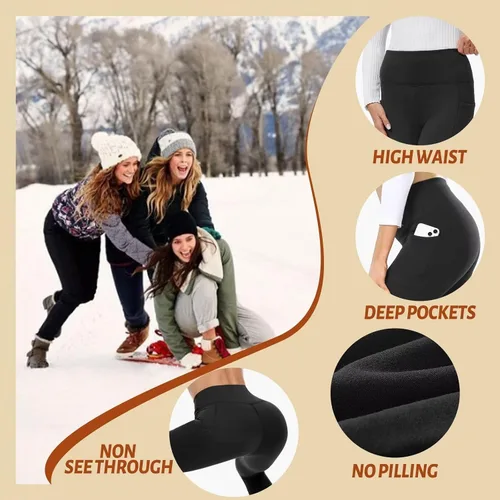 Vista 3 de Sundwudu Paquete de 2 leggings gruesos con forro polar con bolsillos para mujer, de cintura alta, térmicos, cálidos, pantalones de yoga de invierno