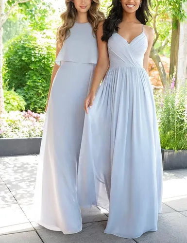 Vista 7 de Zeeyecie Vestidos de dama de honor con cuello en V para mujer vestidos largos de gasa con tirantes delgados fruncidos vestidos de noche formales