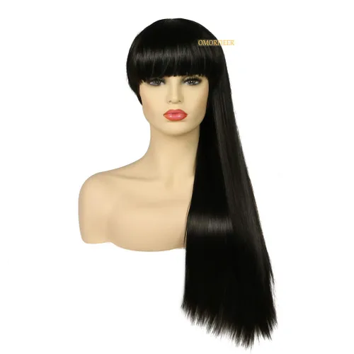 Vista 4 de Rise World Wig Peluca de 276pulgadas de largo liso flequillo para disfraz cosplay negro a prueba de calor