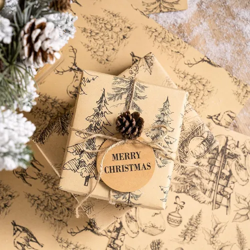 Vista 5 de RUSPEPA Papel de regalo Kraft - Diseño de reno negro y árbol de Navidad - Perfecto para Navidad, cumpleaños o cualquier ocasión - 12 hojas dobladas
