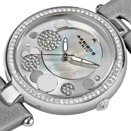 Vista 2 de Akribos Sunray Diamond Dial Reloj de mujer - Madre de perla centro y círculo lleno de cristal en una correa de cuero - AK434