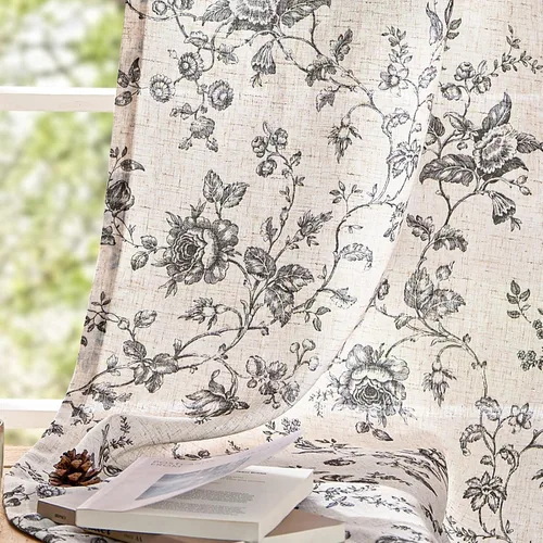 Vista 3 de jinchan Amlie - Cortinas florales de lino de 63 pulgadas de largo para sala de estar, dormitorio, casa de campo, cortinas de decoración de campo