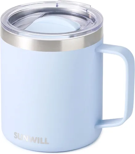 Vista 22 de SUNWILL - Taza de café de viaje con tapa, taza aislada con asa, taza de acero inoxidable de 14 oz para hielo, agua, té, color oro rosa
