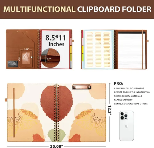 Vista 2 de Ospelelf Portapapeles con almacenamiento para hombres y mujeres, organizador de portafolio de cuero con 5 carpetas con 10 bolsillos, portapapeles