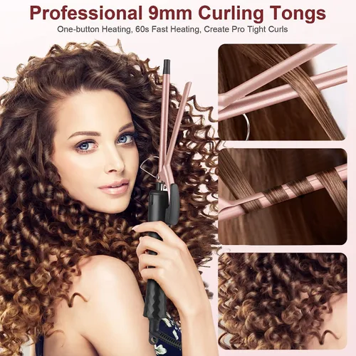 Vista 2 de Rizador fino, rizador pequeño de 3/8 pulgadas para cabello corto y largo, barril pequeño de cerámica con 2 temperaturas para rizos apretados