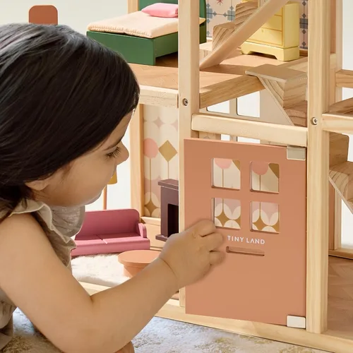 Vista 8 de Tiny Land Casa de muñecas de madera para niñas, casa de muñecas de madera de 6 habitaciones, casa de muñecas de bricolaje con 31 accesorios de Rosa